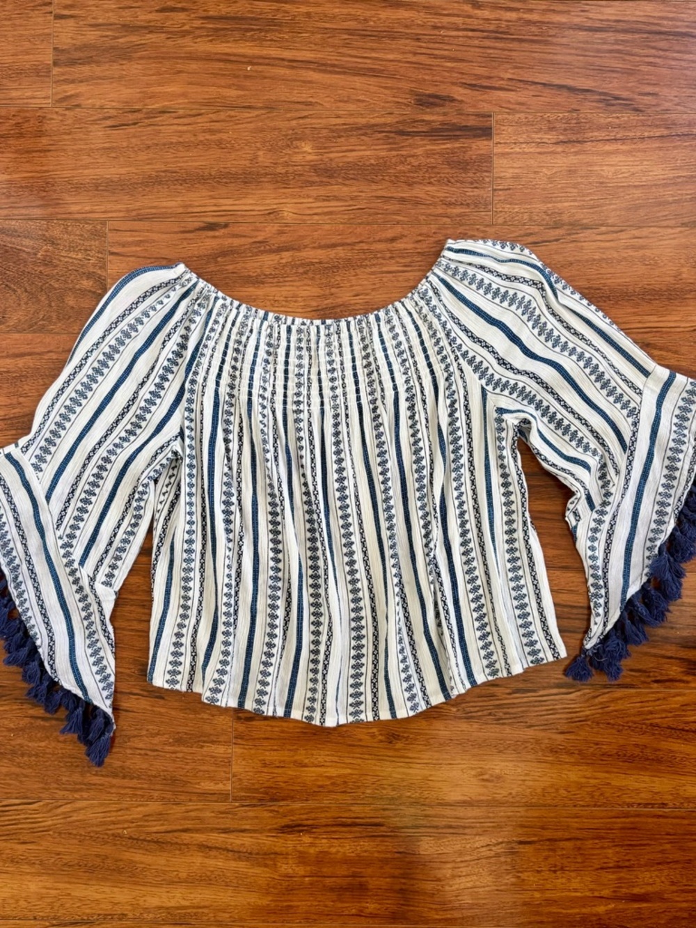 Step in Style Blue & White Striped Off-Shoulder Crop Top with Tassel Ties